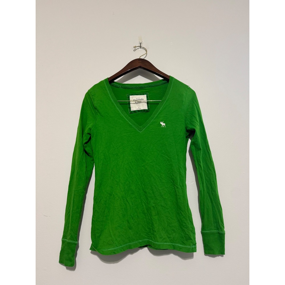 Vintage Abercrombie & Fitch Womens V-Neck Long Sleeve Top Y2K Moose Logo Medium